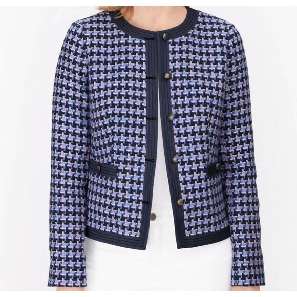 Talbots Jacket Women's 6 Blue Tweed Denim Trim Engraved Button Down - Picture 1 of 6
